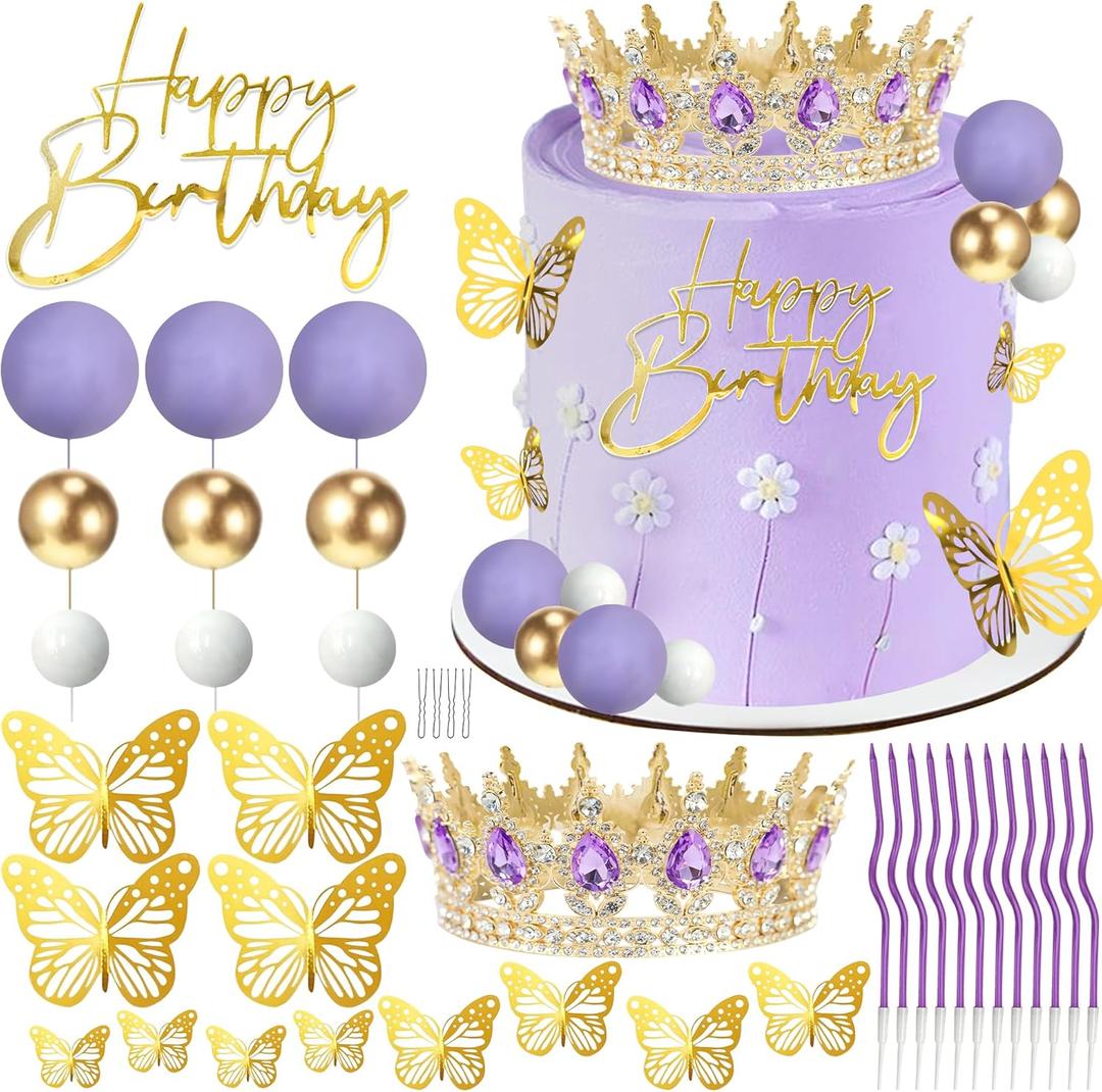 AMZVALU Crown Cake Topper, Balls Happy Birthday Cake Topper Purple Crown Birthday Candles Gold Butterflies, Corona Para Pastel, Cake Decorations for Birthday Wedding (Gold, Purple)