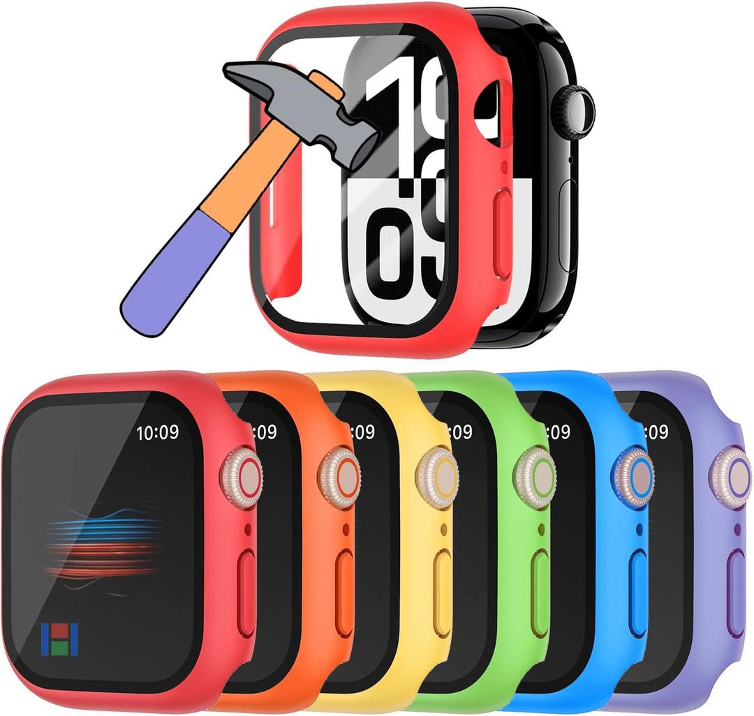 HANKN 6 Pack Hard PC Case for Apple Watch Series 6 5 4 SE 40mm Tempered Glass Screen Protector Case, Full Ultra-Thin Cover Scratch Resistant Film Shockproof Iwatch Bumper Accessories (Rainbow, 40mm) (Red+Orange+Yellow+Green+Blue+Purple)