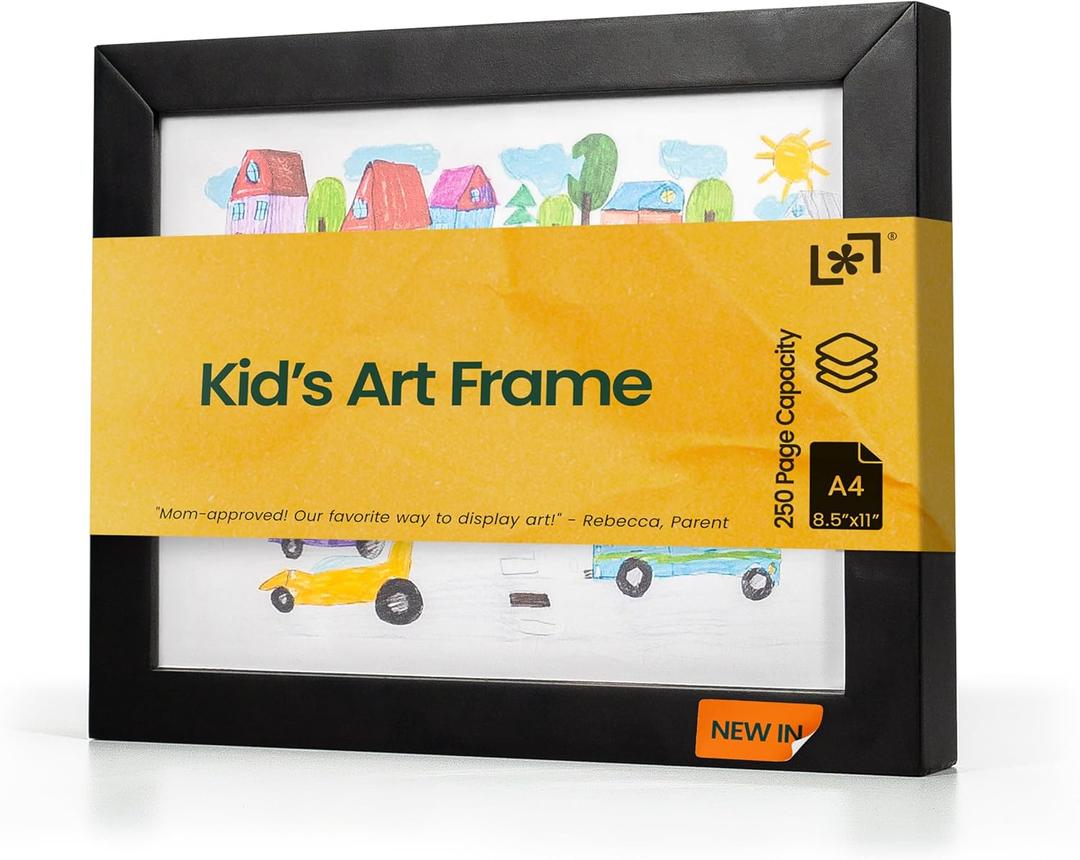 Magnetic Kids Art Frame 8.5x11  Lift-Top Real Wood Artwork Display & Storage  Strap-Free Changeable Frame Holds 250 Drawings  Freestanding or Wall Mounted - Black