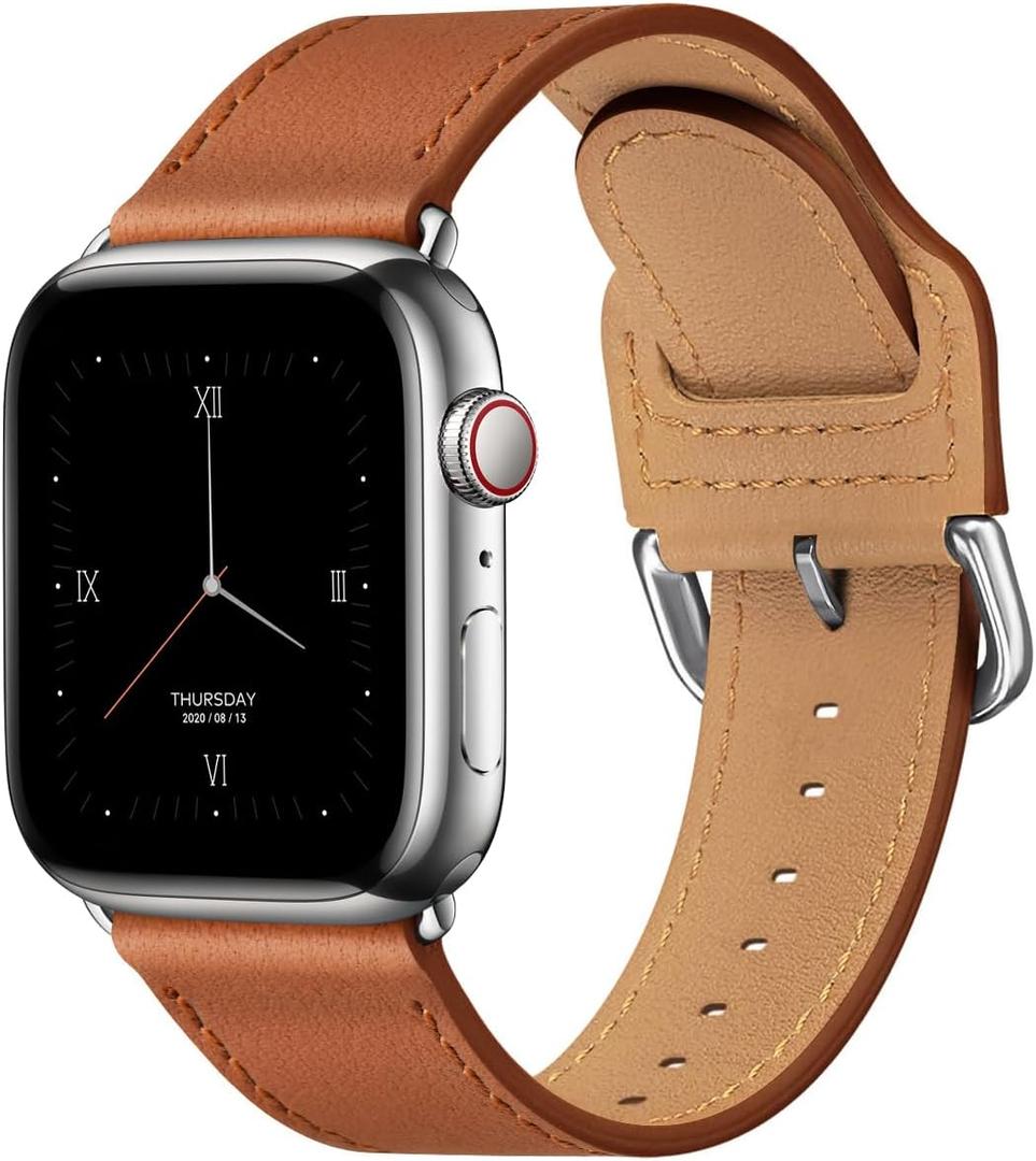 POWER PRIMACY Leather Bands Compatible with Apple Watch Band 49mm 46mm 45mm 44mm 42mm-Series 3 2 1,Genuine Leather Strap Compatible for Women Men iWatch Ultra SE Series 11 10 9 8 7 6 5 4(Brown/Silver)