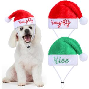 Geyoga 2 Pcs Dog Christmas Santa Hat Naughty or Nice Dog Cat Plush Hat Pet Santa Costume for Small Puppy Kitten Cosplay Dolls Crafts (Plush,Large)