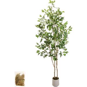 Artificial Fake Ficus Tree 7FT Tall 1Pack with White Planter & Free Moss, Artificial Plants Indoor, Artificial Trees for Home Decor Indoor, Faux Ficus Tree