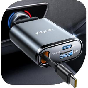 Lamicall Car Charger USB C Compatible with iPhone 17 16 15 Fast Charging [Ultra-Compact, 60% Less Space] 57w Type C Retractable Car Charger Fit Samsung Galaxy S25 S24 Ultra Pixel Android (Grey)