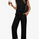 Glamaker Women's 2 Piece Sets Summer Lounge Travel Outfits Sleeveless Wide Leg Airport Casual Trendy Sweatsuits, Size L