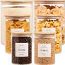 6-Pack Borosilicate Glass Storage Jars with Bamboo Lids + 132 Pre-Printed Pantry Labels Included, BPA-Free Thicken Airtight Containers for Flour, Sugar, Rice, Microwave & Freezer Safe(100OZ/54OZ/27OZ)