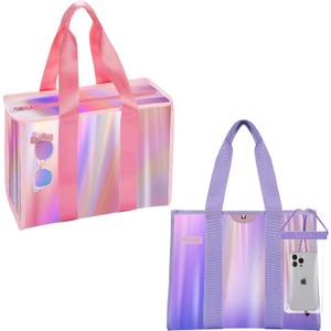 2-Piece XL Iridescent Waterproof Beach Bag Set, Include Purple Iridescent Tote Bag with Snap & Pink Iridescent Tote Bag with Zipper, & Phone Pouch - Perfect Beach Essentials for Family