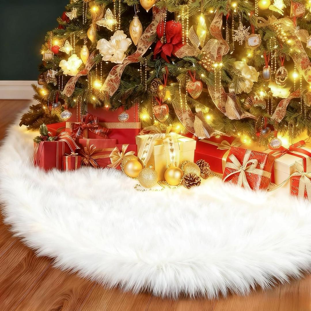 Christmas Tree Skirt, Deluxe 60Inch Decoration Tree Skirt, White Faux Fur Soft Thick Plush Tree Base Cover, Large Round Area Mat for Home Merry Christmas Holiday Season Party