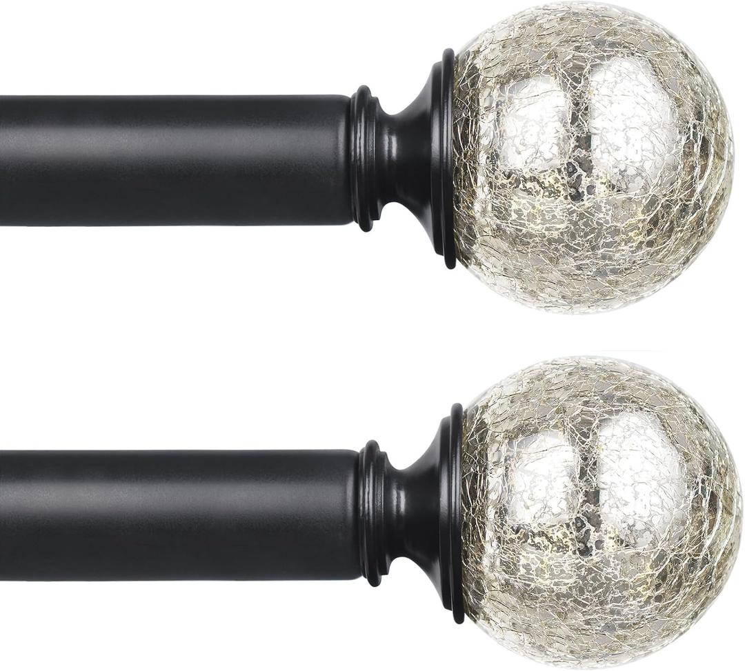 KAMANINA 2 Pack Curtain Rods for Windows 48 to 84 Inches, Black Decorative Curtain Rod 32 to 86 inch(2.6-7.1ft), 7/8 Inch Single Drapery Rods with Crackle Glass Finials