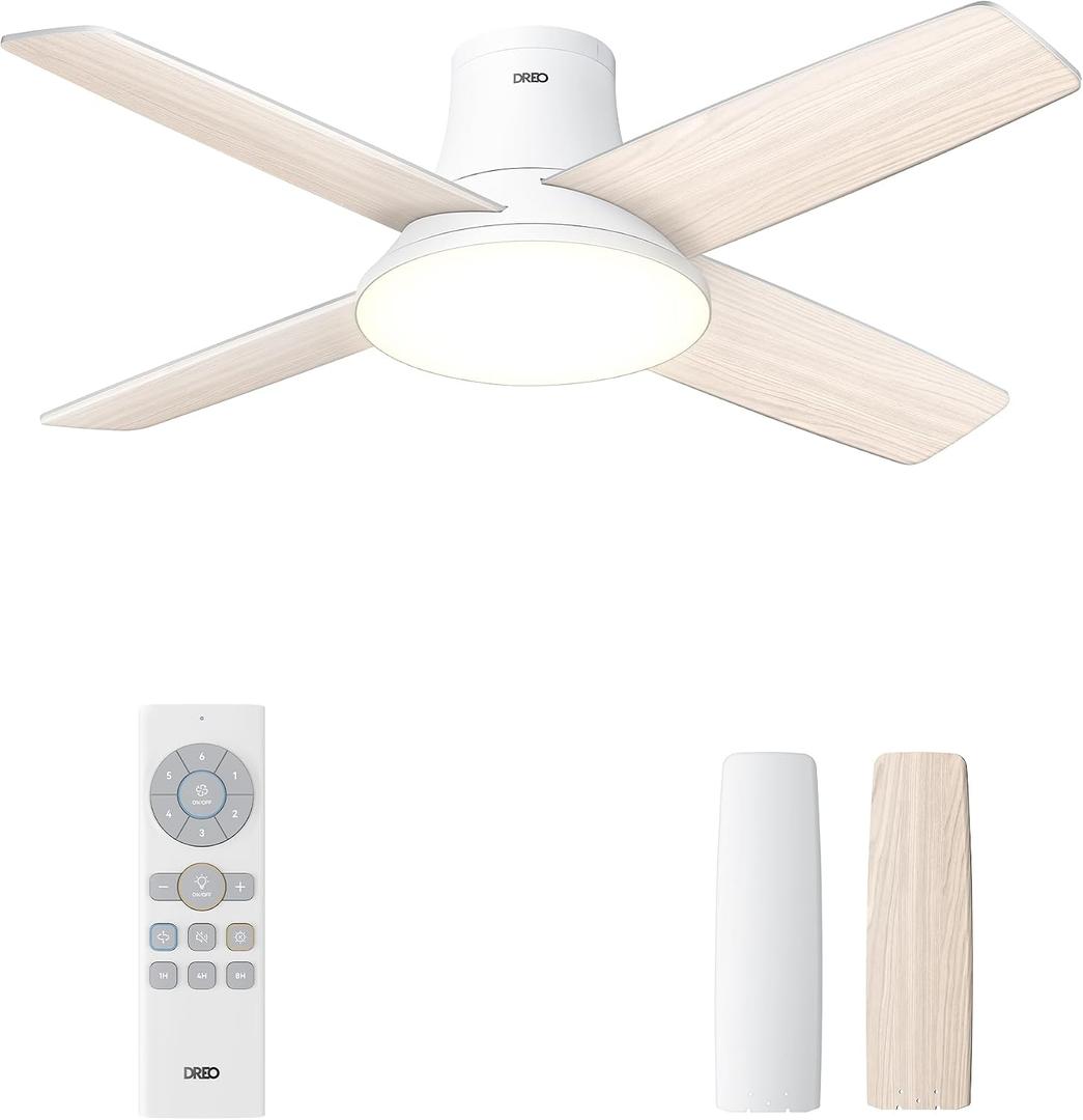 Dreo Ceiling Fans with Lights and Remote, 44 inch Low Profile White Ceiling Fan, Reversible, 5CCT, 6-Level Dimmable, 6 Speeds Bedroom Ceiling Fan, Quiet, Easy to Install, Timer, Flush Mount