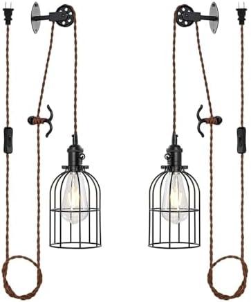 SEEBLEN Plug in Pendant Light Set of 2,Industrial Hanging Lamps That Plug into Wall Outlet,Farmhouse Pulley Pendant Light with Plug in Cord, Wall Lamps for Bedroom Living Room Kitchen.