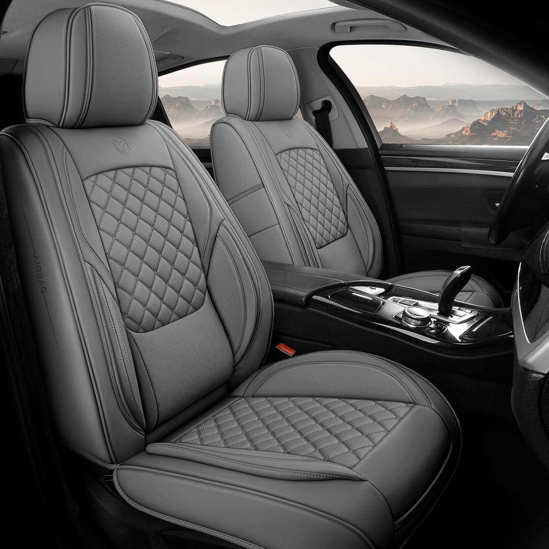 Premium Leather Car Seat Covers, Universal Fit for Cars SUVs Trucks and Sedans, Waterproof Front Car Seat Cushion with Airbag Compatible & Scratch-Resistant, Grey Seat Covers for 2 Seats