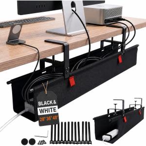 Under Desk Cable Management Tray 36" No Drill Clamp-On Cord Organizer for Desk with Built-in Ties, Heavy Duty Metal Clamp, Foldable 600D Oxford Fabric for Home Office, WFH & Gaming PC Setup (Black)