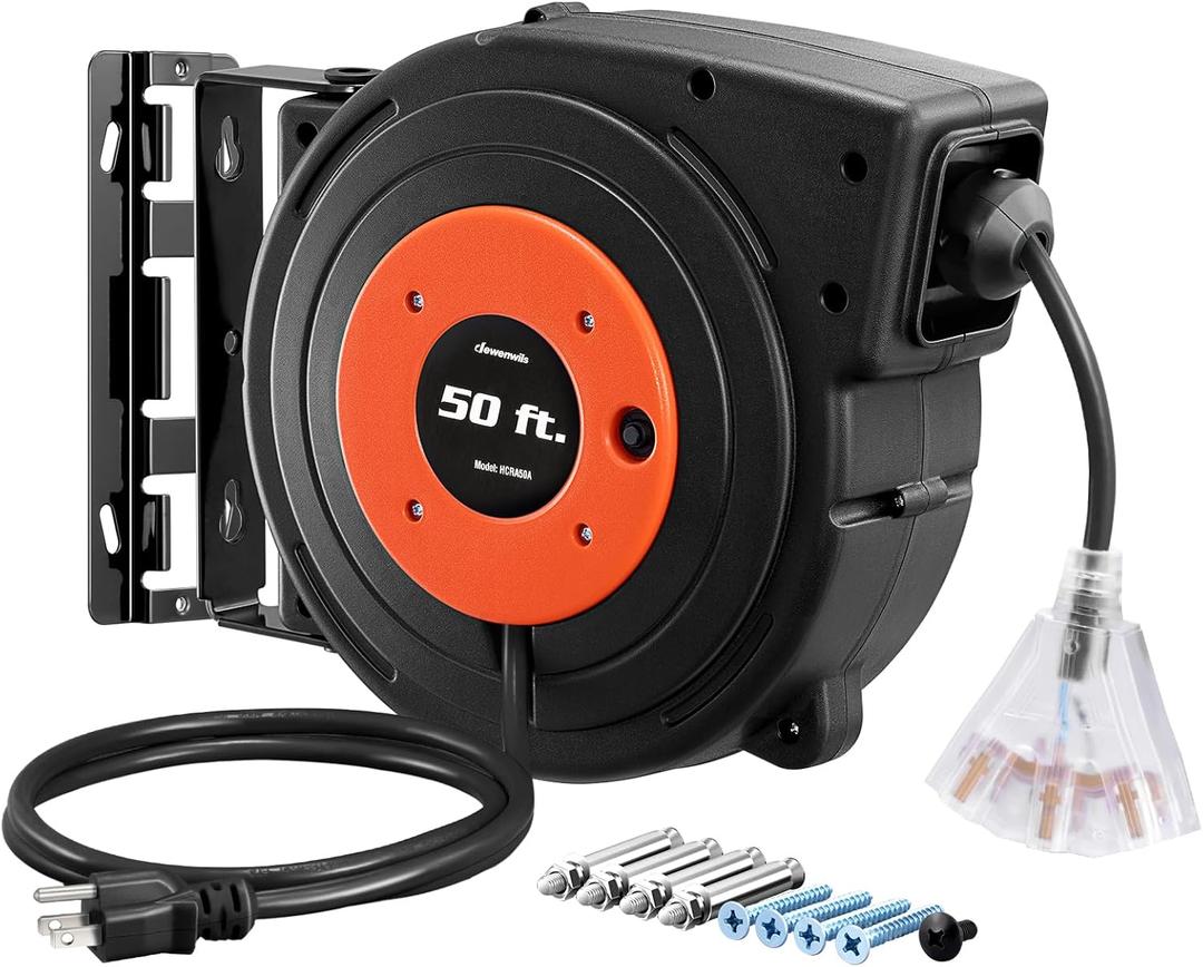 DEWENWILS Retractable Extension Cord Reel, 50 FT Heavy Duty Power Cord, 14AWG/3C SJTOW, 3 Grounded Outlets Lighted Triple Tap, 13 Amp Circuit Breaker, UL Listed