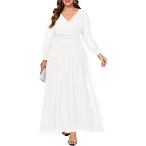Pinup Fashion Women Plus Size Formal Dresses - Evening Gown Long Sleeve Chiffon Beading Maxi Dress (White) 16W