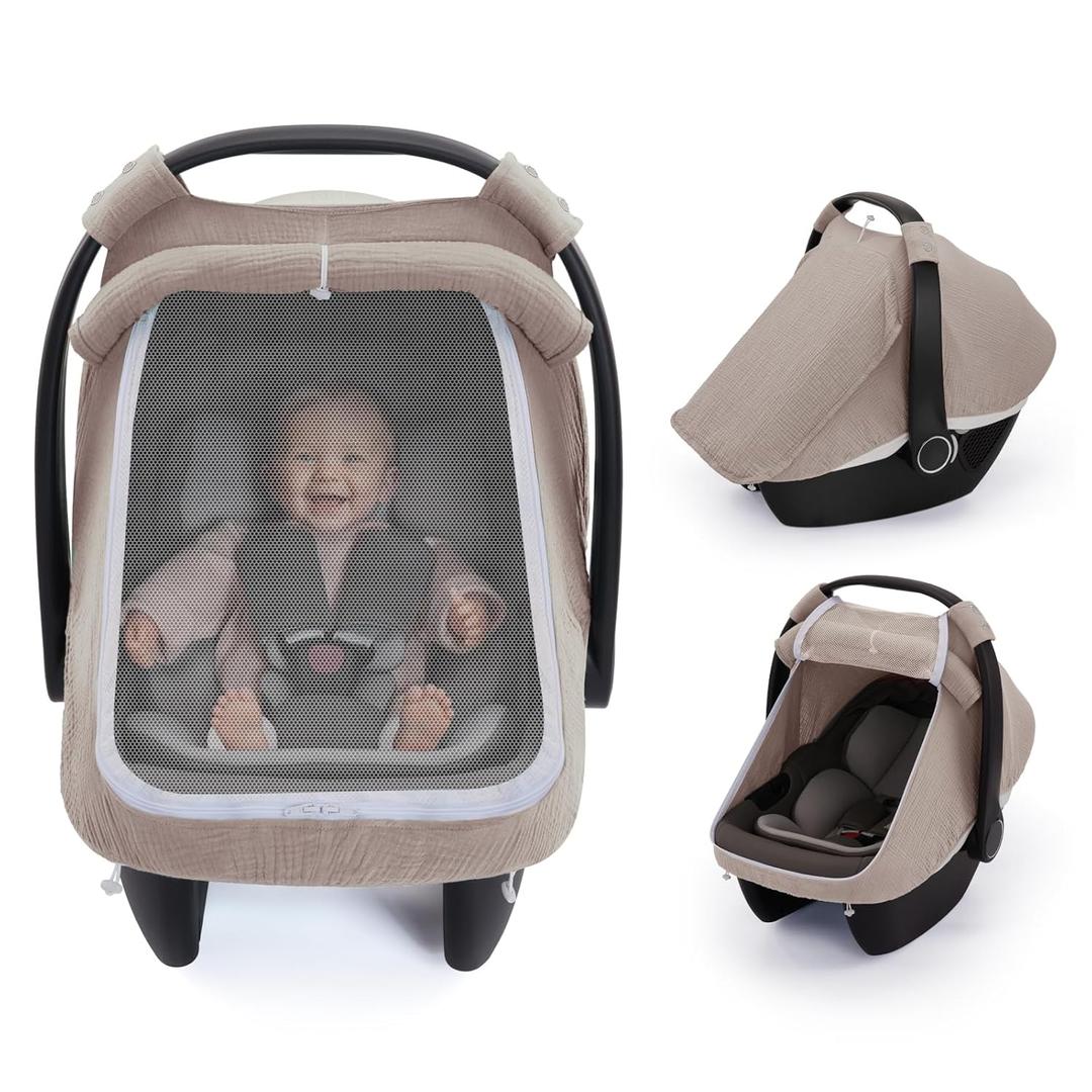 Blissful Diary Baby Car Seat Cover, Extra Large Mesh Window, Breathable Muslin Cotton, Infant Windproof Canopy, Agreeable Gray
