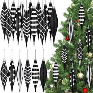 Realspring 12 Pcs Black and White Finial Drop Christmas Ornaments 6.3 inch Xmas Plastic Droplet Stripe Dot Matte Glitter Hanging Ball for Christmas Tree Party Decoration Supplies