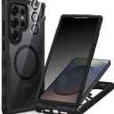 CENHUFO Magnetic Privacy for Samsung Galaxy S25 Ultra Case, Full Body Phone Case with Built-in 9H Tempered Glass Privacy Screen Protector and Camera Lens Cover, Shockproof Protective Bumper -Black