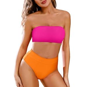 Pink Queen Women's Sexy 2 Piece Strapless Bikini Top High Waisted Cheeky High Cut Bathing Suit Swimsuit Pink Orange XL