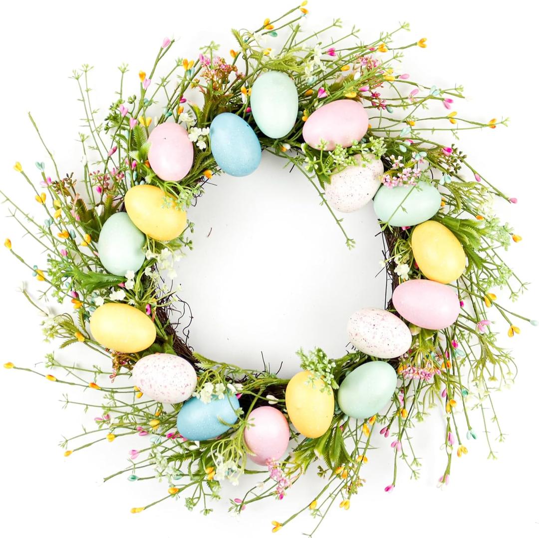 Easter Wreath, 18" Macaron Colored Eggs and Berries Door Wreath, Easter Wreaths for Front Door Decorations for The Home Party, Farmhouse Spring Door Wall Window Decor