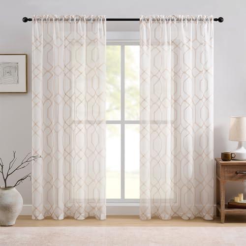 White and Beige Geometric Hexagon Sheer Curtains 90 Inch Length 2 Panels Hexagonal Embroidered Sheer Curtains for Bedroom Living Room Light Filtering Rod Pocket Moroccan Lattice Voile Drapes, 50x90