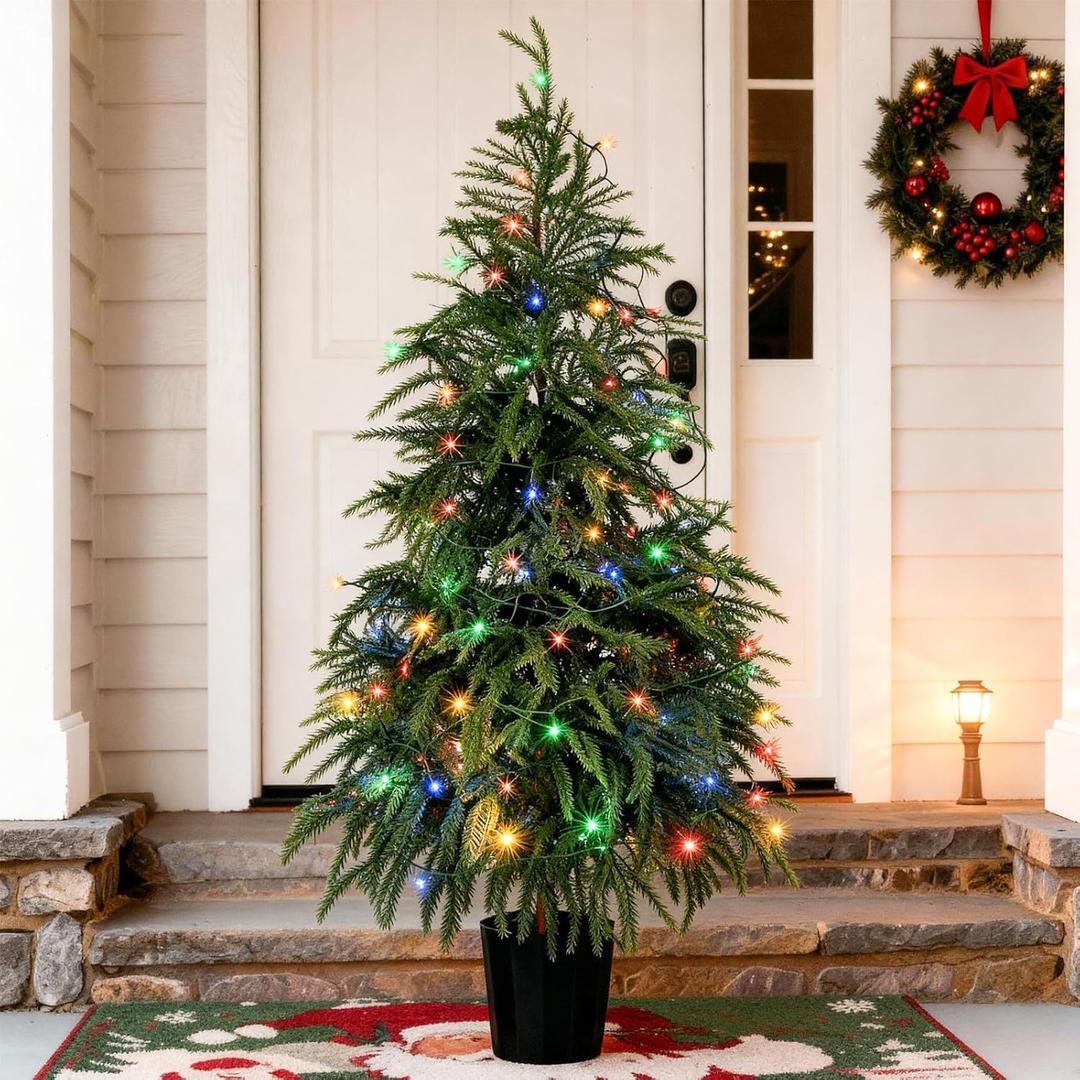 Outdoor Christmas Trees for Porch: Realistic Norfolk Pine, 4FT Christmas Tree with 100 LED Lights and Remote Control Timer with 8 Lighting Modes