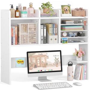 NUTIKAS Desktop Bookshelf for Computer Desk - 36" Desk Hutch Organizer with 4-Tier Paper Tray, Tabletop Storage Rack for College Dorm Room Essentials, Home Office Shelving, White