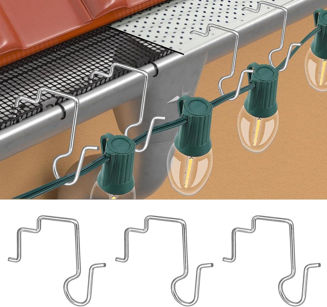 Tryly 100PCS Gutter Clips for Hanging Outdoor Lights, Gutter Guards Christmas Light Hooks Clips, Stainless Steel Gutter Hooks for Outdoor Halloween Christmas Lights (100)