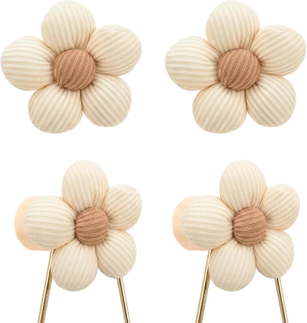Novabright 4 Pcs Wall Hooks Flower Wooden Coat Towel Rack Wall Mount Handcraft Cute Fabric Floral Shaped Hanging Hooks for Clothes Bags Towels Entryway Bathroom Decor(White,Screws)