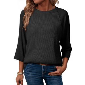 Dokotoo Womens Tops Spring Summer 3/4 Length Sleeve Fashion T Shirts for Women Crewneck Waffle Knit Casual Loose Tee Blouses (Medium, Black)
