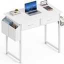 Sweetcrispy Computer Desk Small 32 Inch Home Office Bedroom Writing Study PC Table with Fabric Storage Drawers Space Side Bag Headphone Hook Metal Frame Adjustable Feet Modern Simple Style, White Wood