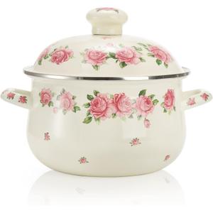 SOUJOY Enamel Stockpot with Lid, 2.8 Quart Retro Cooking Pot, Vintage Floral Stew Bean Simmer Pot with Handle, Kitchen Soup Pot, Safe for Induction Cookers, Gas Stove