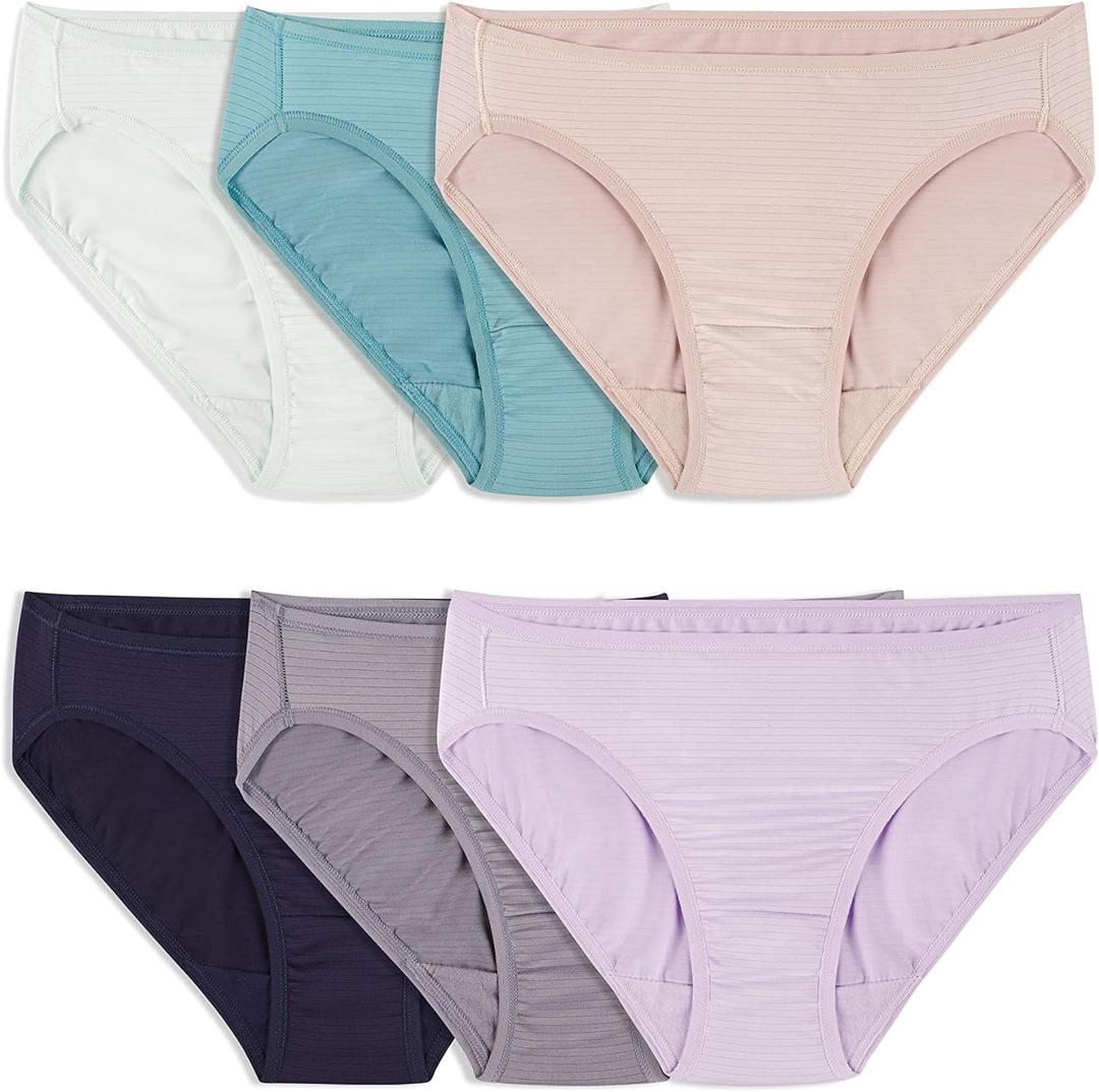 Fruit of the Loom Women's Breathable Underwear, Moisture Wicking Keeps You Cool & Comfortable (7, Cooling Stripes - Bikini - 6 Pack - Colors May Vary)