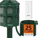 Outdoor Power Stake, 25 Feet Extension Cord Waterproof, Independently Remote Control 3 Sets of Outlets, 6 Grounded Outlets for Garden, Patio, Outdoor Decor, ETL Listed