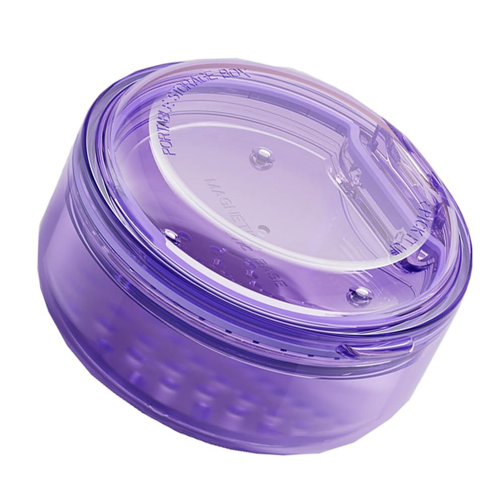 1 Piece Denture Case Box 3 Layers Denture Bath Box Case Round Dental Box Case False Teeth Storage Case Box Denture Cup with Basket Net Container Holder, Purple