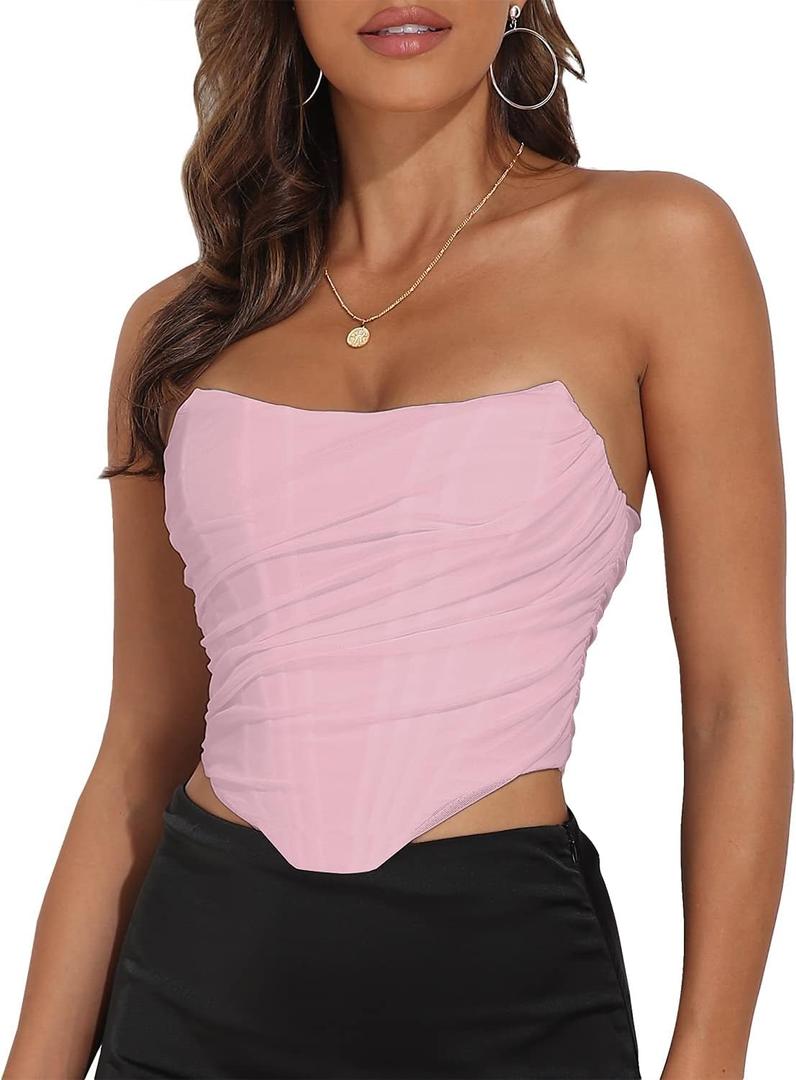 Women's Vintage Strapless Open Back Boned Mesh Bustier Zip Back Corset Body shaper Crop Top (6-8)