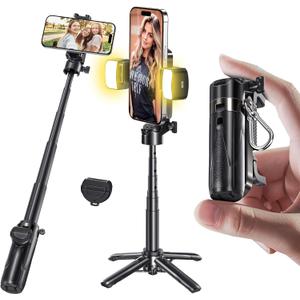 MAGIC JOHN Phone Tripod, Portable Selfie Stick, Pocket Size Tripod for iPhone, Selfie Stick with Detachable Remote Control & 2 Fill Light for Photograph, Live Streaming, Video Recording