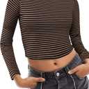 LilyCoco Womens Striped Long Sleeve Crop Top Crewneck Basic Fitted T Shirts Brown X-Large