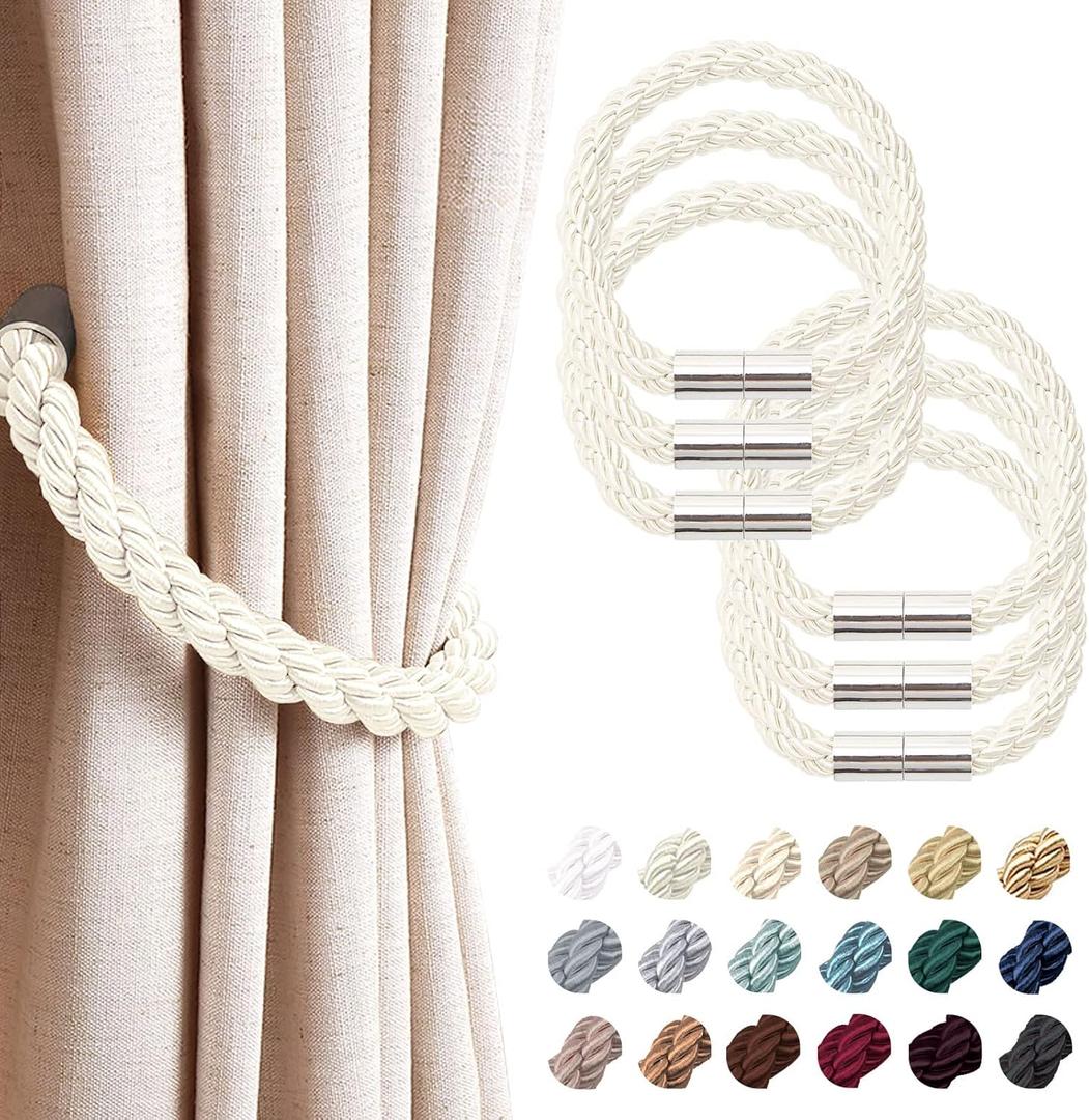 NICEEC 6 Pack Strong Magnetic Curtain Tiebacks Modern Simple Style Drape Tie Backs Convenient Decorative Weave Rope Curtain Holdbacks for Thin or Thick Home & Office Window Draperies (Cream)