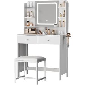 White Vanity with Lighted Mirror, 8 Shelves, 2 Drawers, Charging Station, Hair Dryer Holder & Stool, LED Mirror with 3 Light Modes, 1 Count