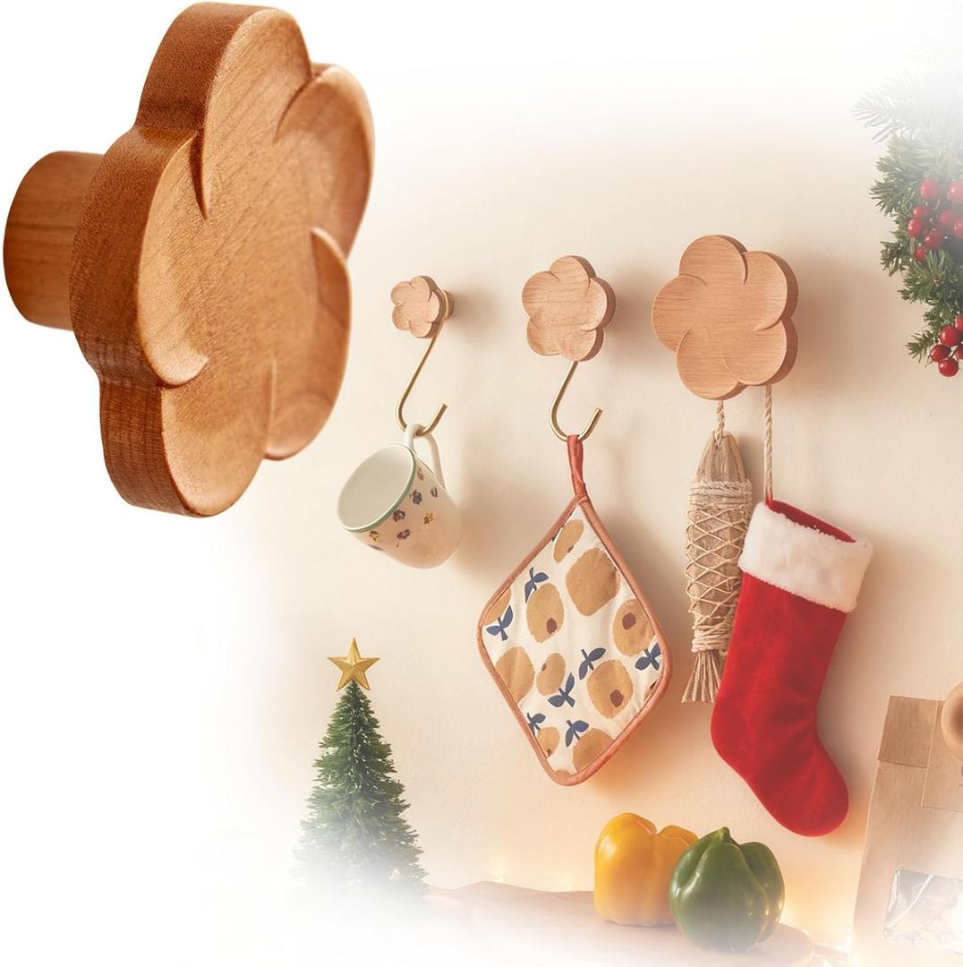 Cherry Wood Wall Hooks Flower-Shaped Wooden Coat Rack Wall Mount, Handcraft Coat Hooks Heavy Duty Entryway Wall Hangers for Hanging Hats, Bags, Clothes Decorative Hook (Diameter 8cm, Pack of 1) (3 inches)