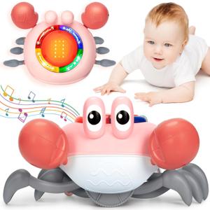 Musical Crawling Crab Baby Toy, Tummy Time Toy for 6-12 Month Boy Girl, Pink Light-up Walking Dancing Moving Crab for 1 Year Old Baby Educational Learning, Great Gift for 12-18 Month Infant