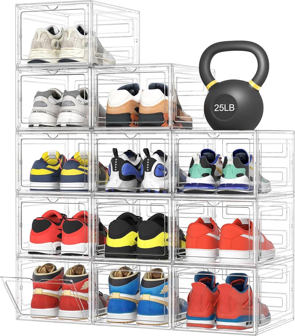 Pinkpum Upgraded Hard Shoe Storage Box 12 Pack X-Large Fit Size 12, Thicken & Sturdy Clear Plastic Stackable Shoe Organizer Box Closet, Sneaker Storage Display Case Holder Bins with Magnetic Door