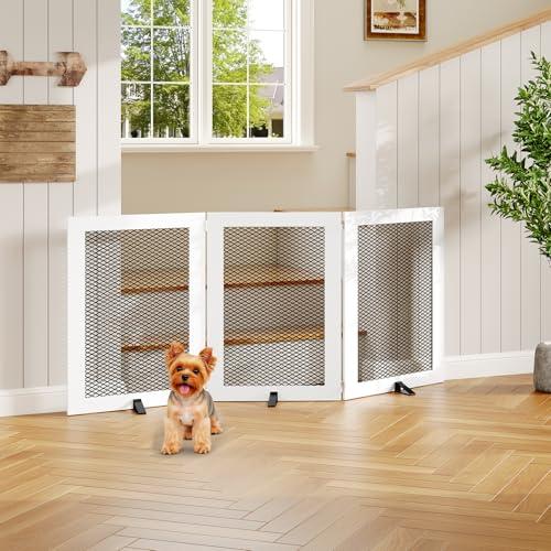 MAHANCRIS Freestanding Dog Gate Indoor, Foldable Wooden Pet Gate for The House Stairs Doorways, 4 Panels Tall Dog Fence with Support Feet, 59.5"W x 31.5"H, Extra Wide Step Over Fence, White DGHW80101