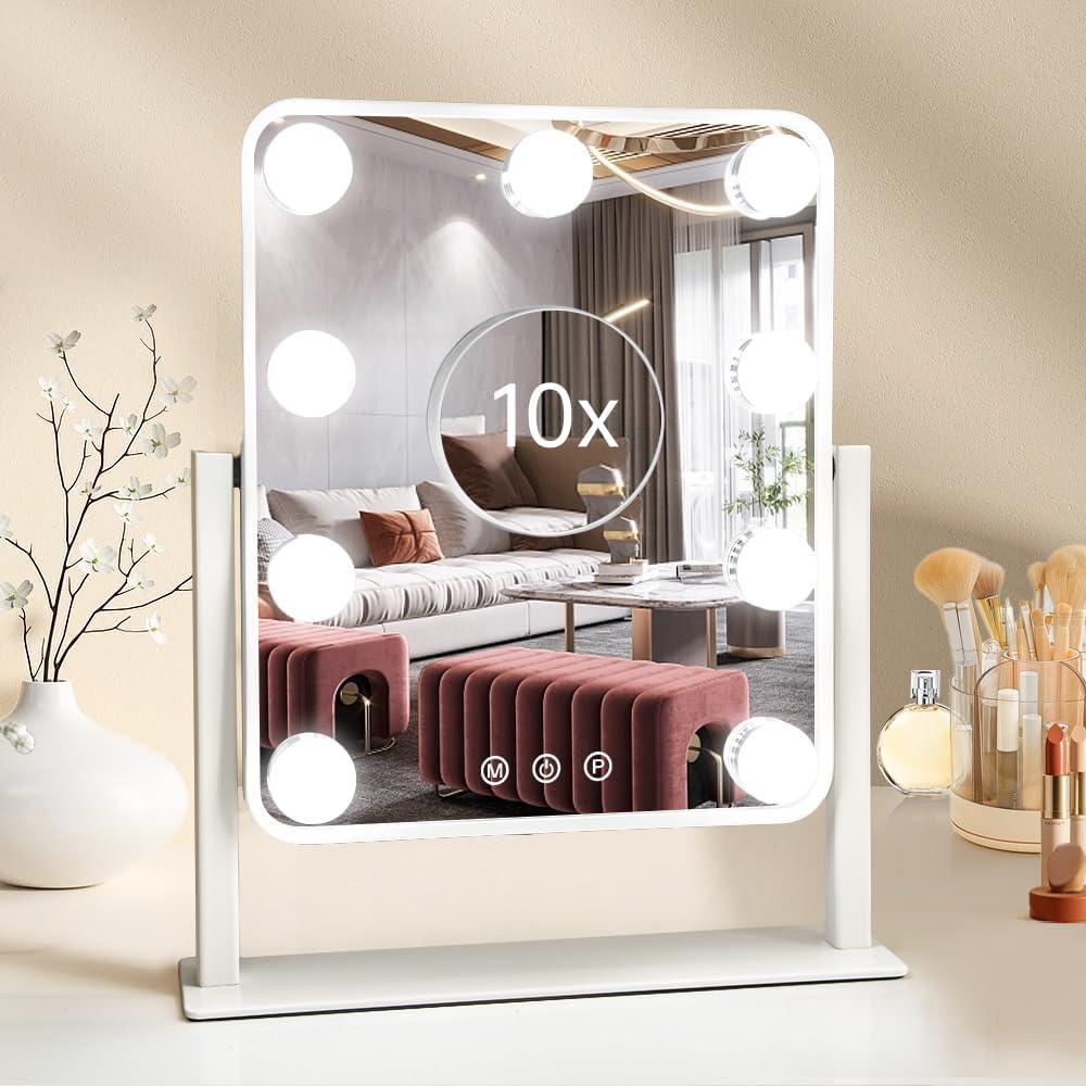 Hollywood Vanity Mirror with Lights,Tabletop Makeup Mirror with 9 LED Lights Smart Touch Control 3 Colors Light 360Rotation Detachable 10X Magnification (White-9 Bulbs)