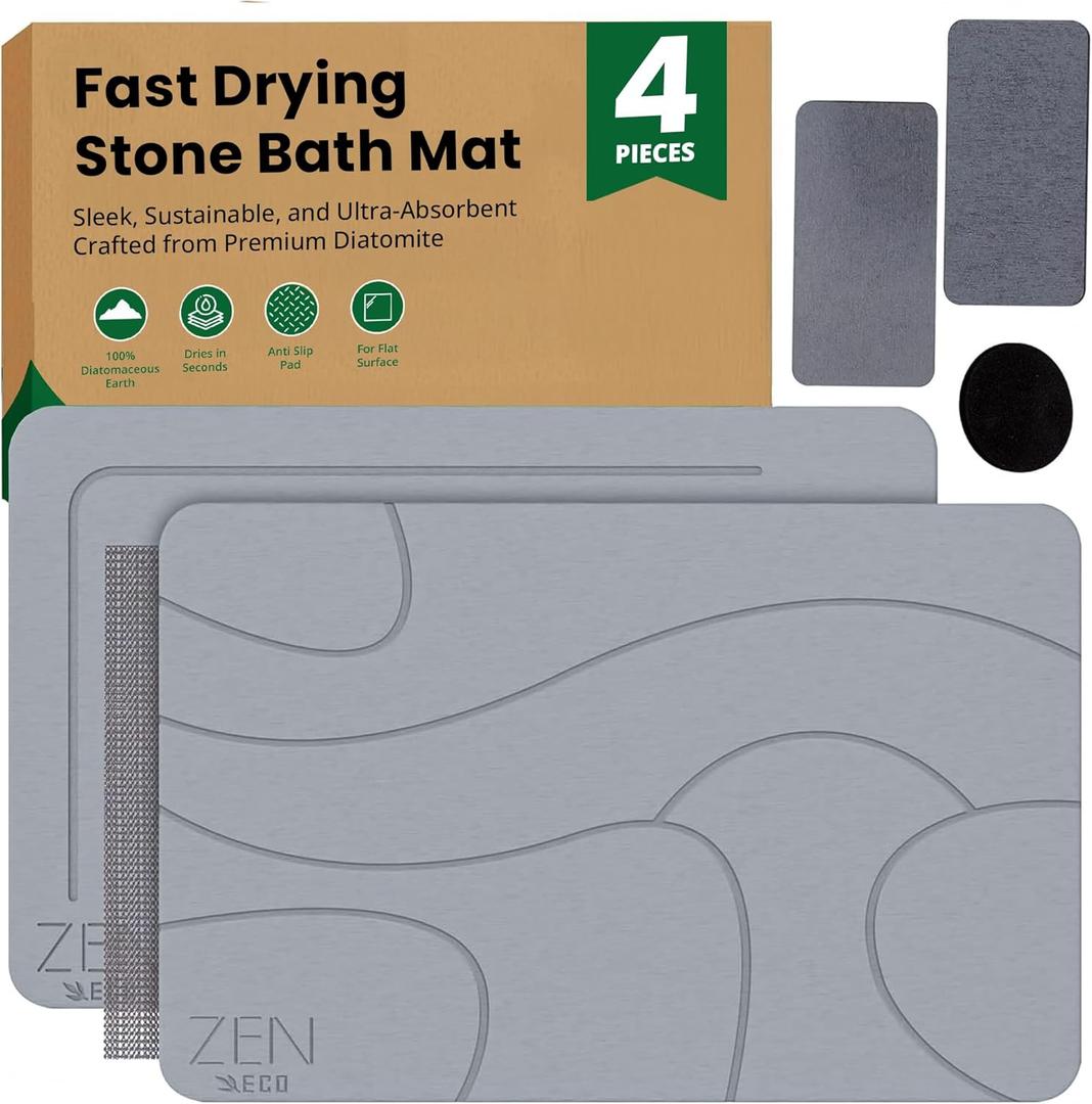 4Pcs Stone Bath Mat - No Smell Quick Dry Diatomaceous Earth Bath Mat - Super Absorbent Diatomite Stone BathMat Non-Slip, Easy to Clean 1xStone &1xFoldable Mat, 2xStone Dishes 23.515.5"
