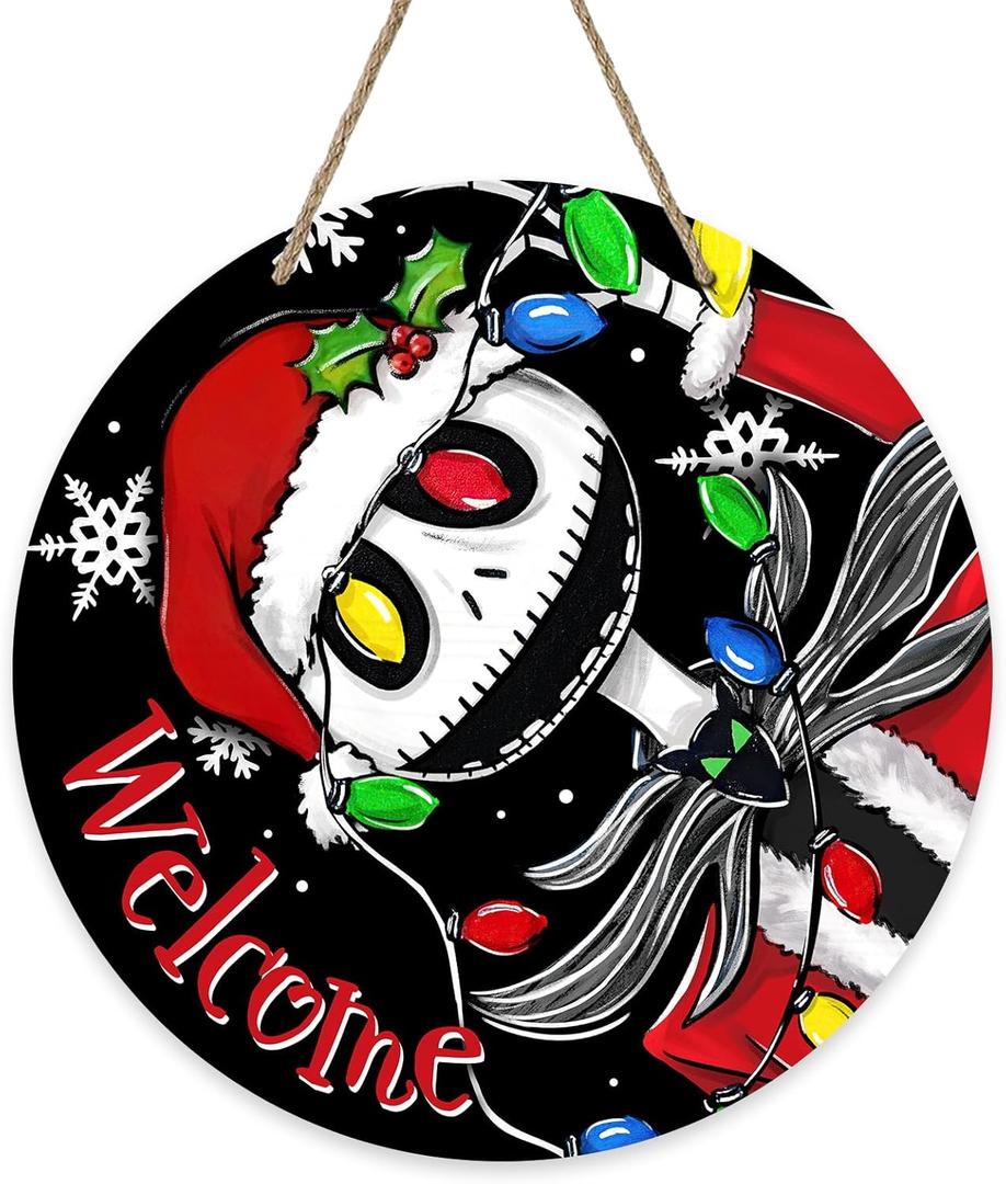 Deroro Welcome Christmas Front Door Sign, Black Xmas Wood Door Hanger Outdoor Outside Porch Decor, Funny Winter Holiday Wooden Wreath Indoor Wall Hanging Decoration