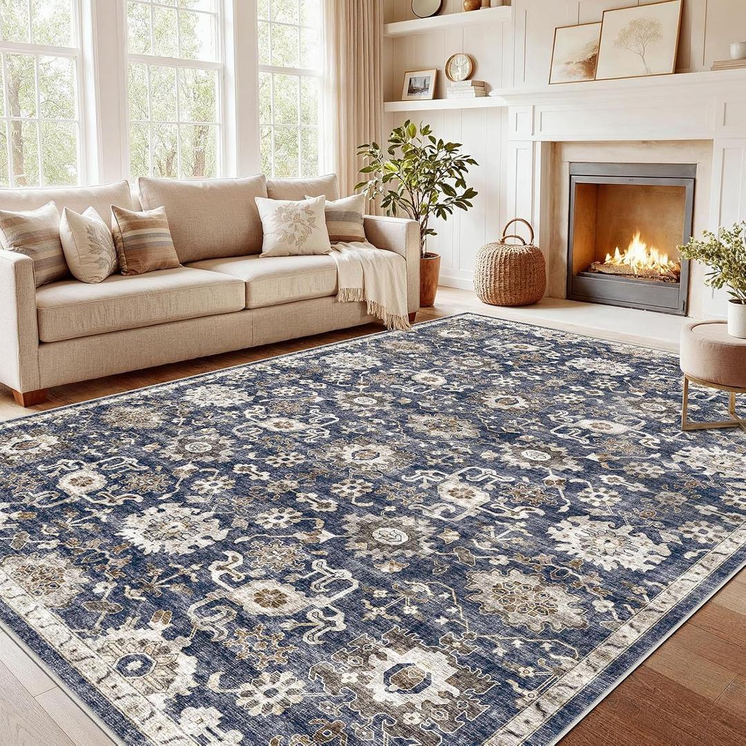 AMADA HOMEFURNISHING 9x12 Washable Area Rug, Low-Profile Large Area Rug with Non-Slip Backing & Durable Edge Binding, Vintage Large Rugs for Living Room, Bedroom & Dining Room