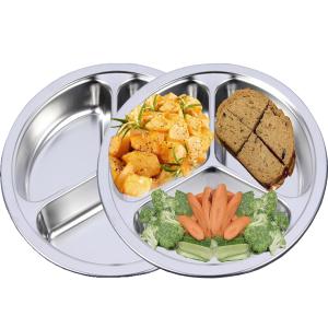 Stainless Steel Dinner Plates 2 Packs 8 Inch Portion Control Divided Plates for Adults Bariatric Weight Loss Diabetic Diet Reusable Camping Serving Round Dinner Plate 3 Compartment