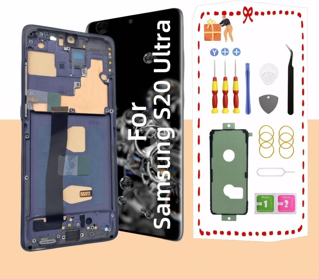 TFT for Samsung Galaxy S20 Ultra 5G LCD Display Screen Assembly Replacement for Samsung S20 Ultra Touch Digitizer Screen with Frame Toolkits G988U G988A G988B No Fingerprint Black (Black)