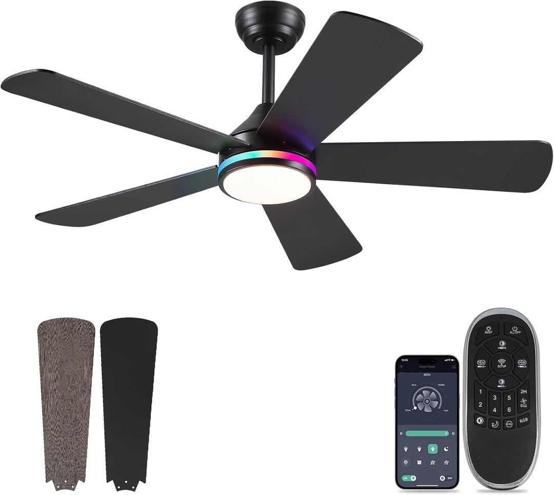 Asyko 46in Black RGB Ceiling Fans with Lights and Remote - Low Porfile Indoor Ceiling Fan, 5 Dual-Sided Blades, 3CCT Dimmable, Modern Ceiling Fan Light for Party, Kid's Room, Bedroom